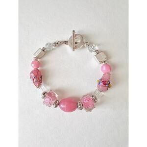 Pink Lampwork Glass Beaded Bracelet Artisan Handmade Toggle Clasp 8”